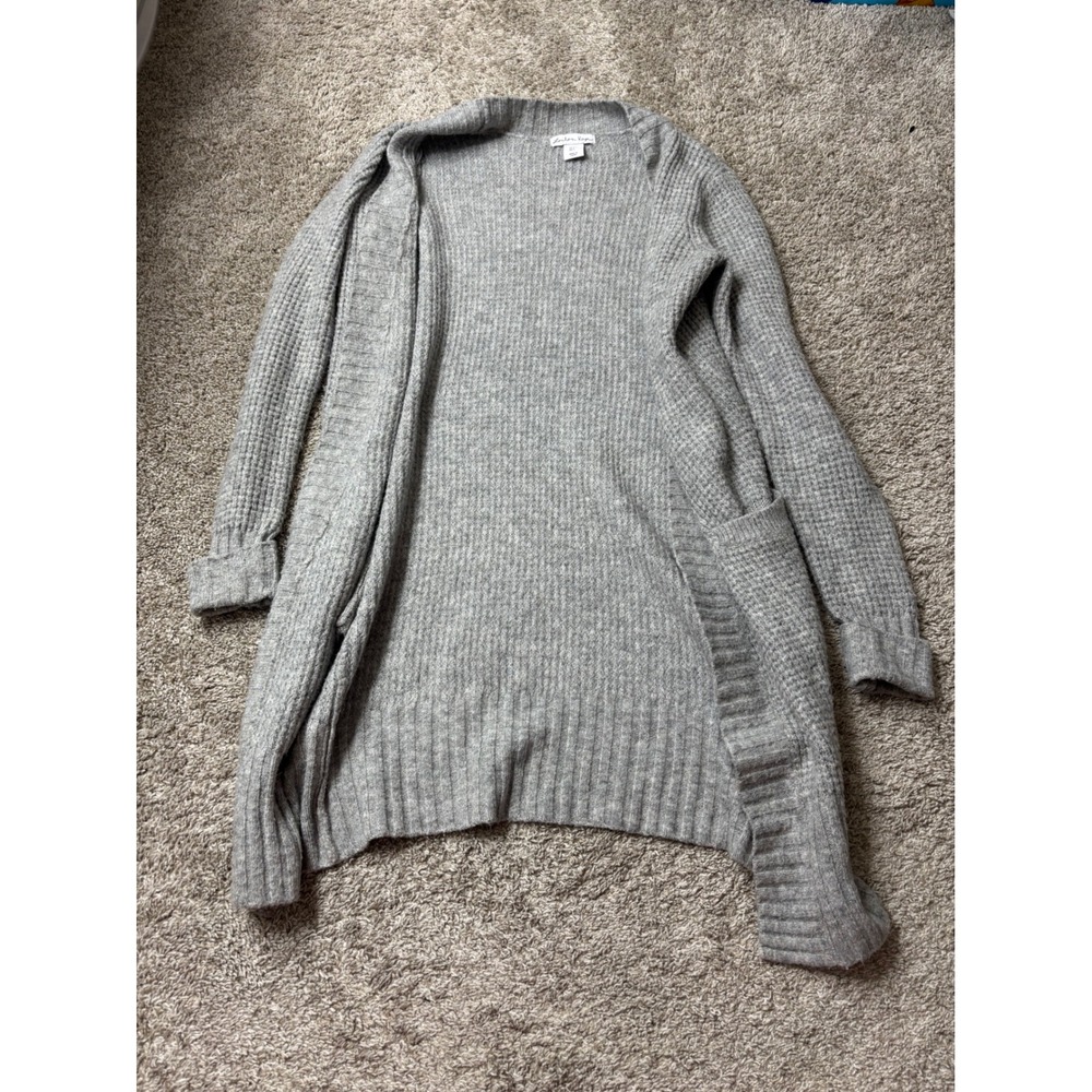 London Kaye Womens Grey Waffle Knit Open Front Longline Cardigan Sweater Small